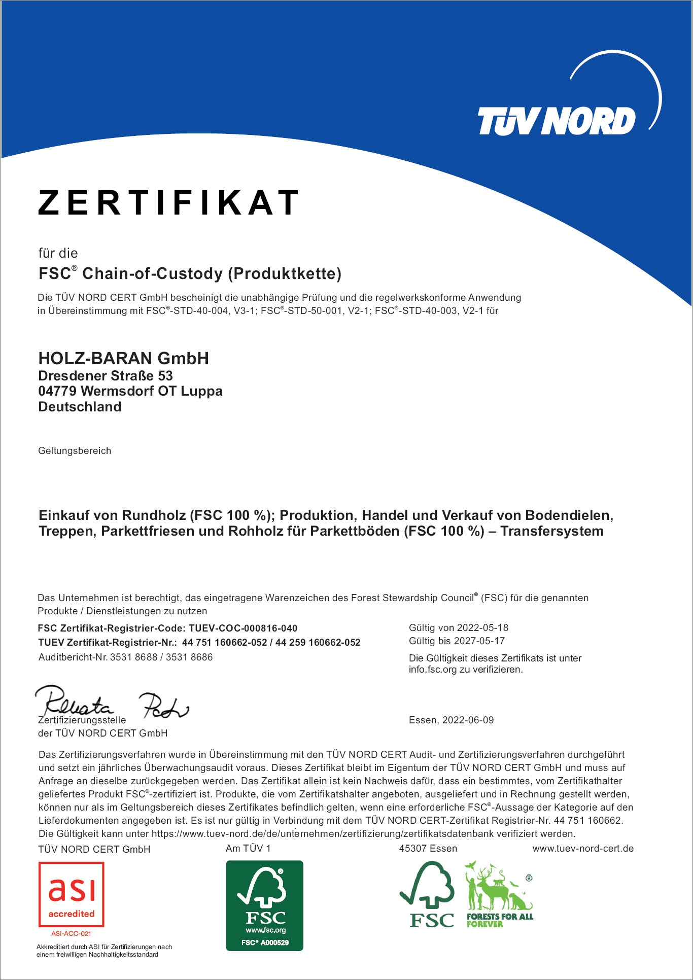 FSC-Zertifikat der HOLZ-BARAN GmbH, Zertifizierungsnummer 22-27-160662-052