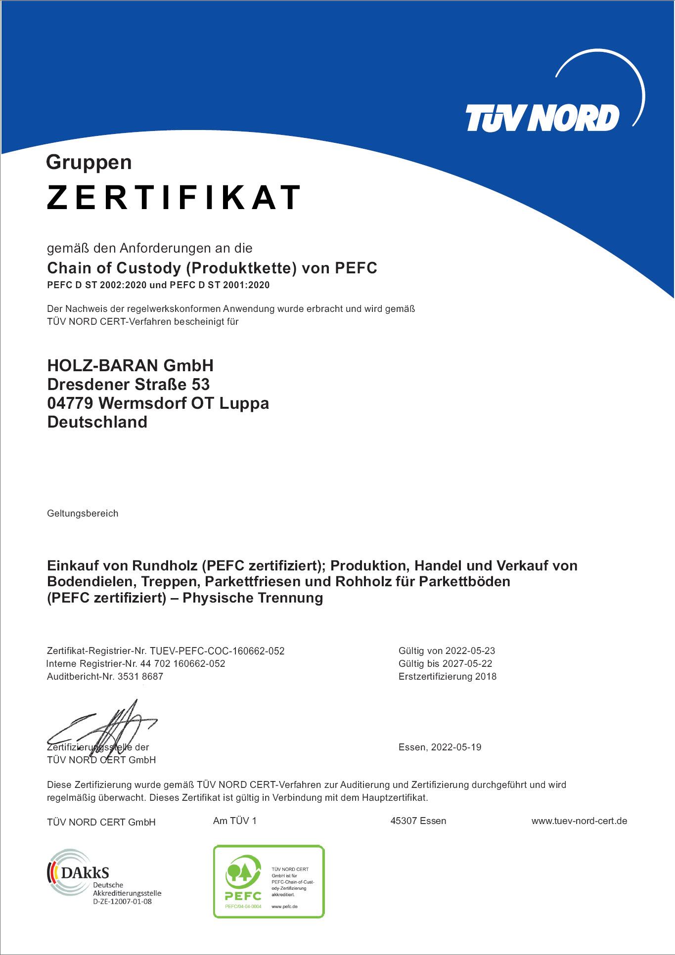 Unternehmenszertifikat der HOLZ-BARAN GmbH, ausgestellt von TÜV NORD CERT